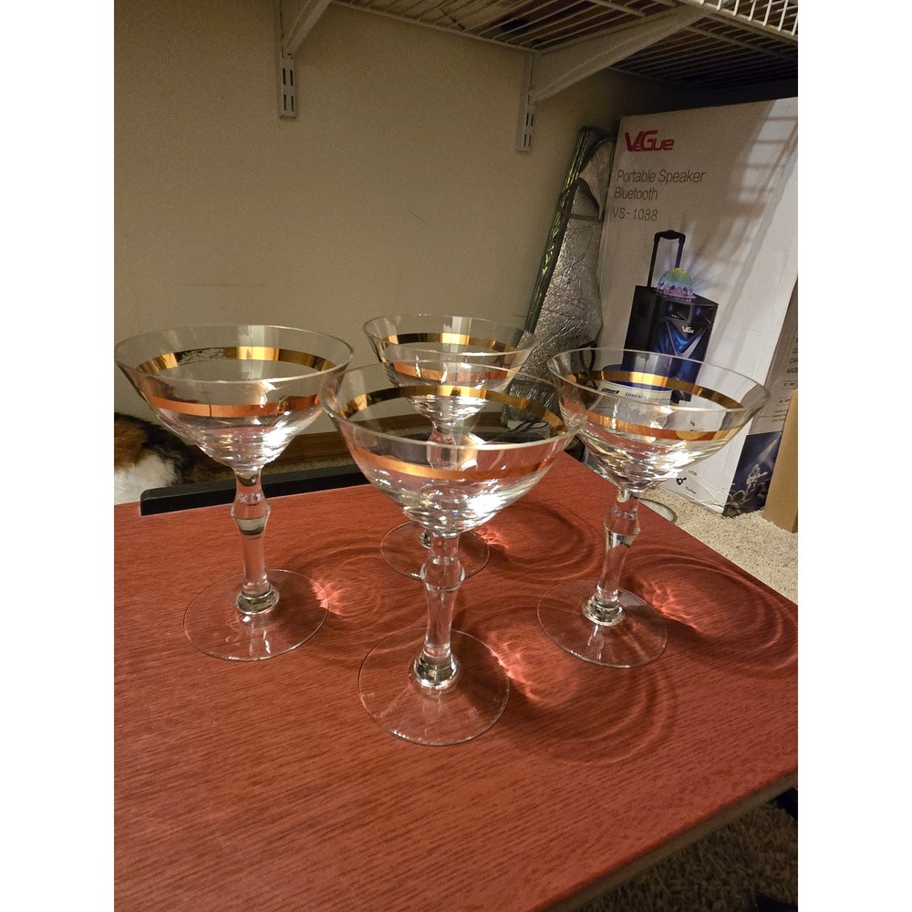 Vintage Gold Band Martini Glasses Set of 4 Mid Century Modern MCM Barware Clear